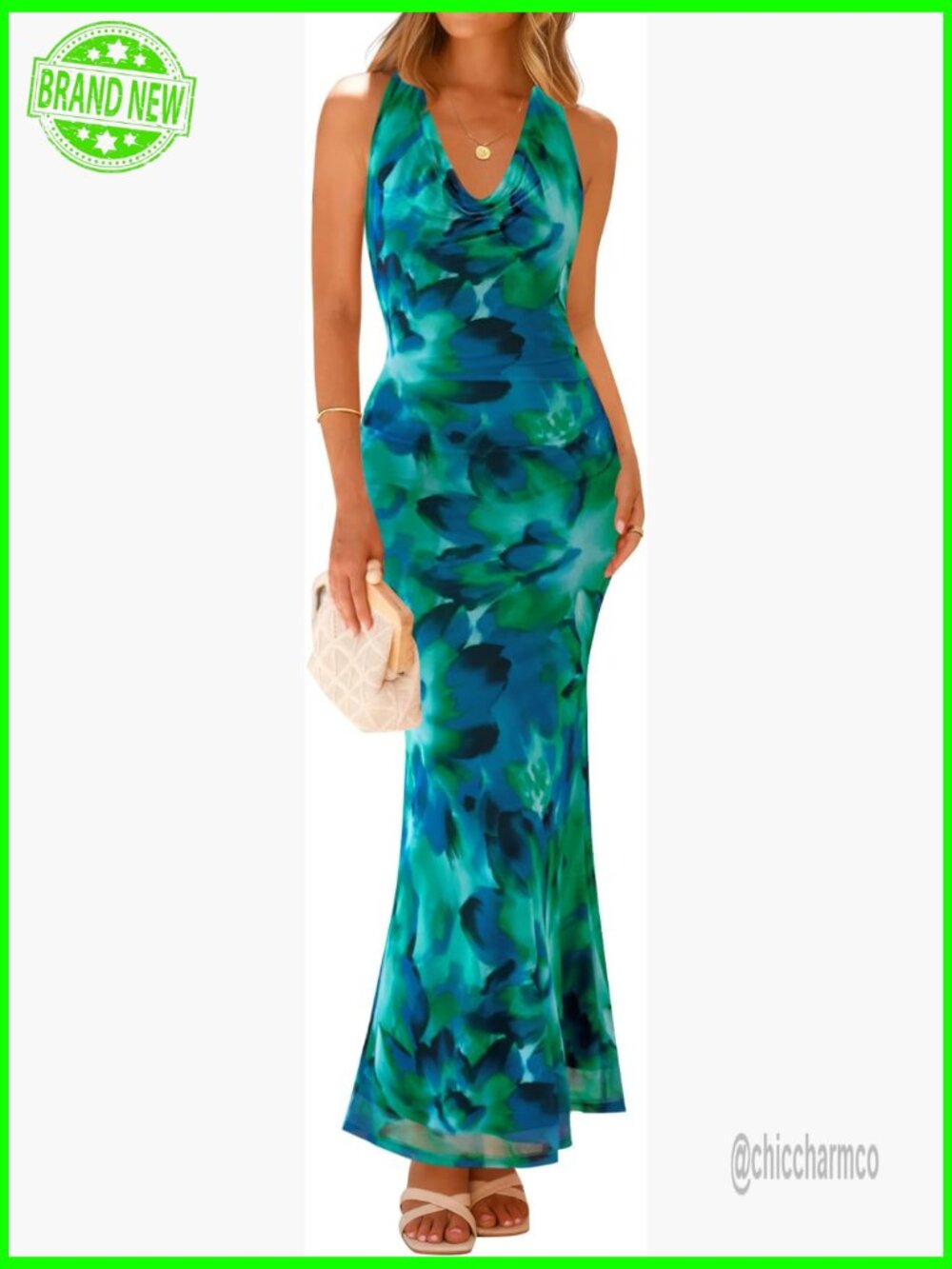 Floral Print Halter Neck Maxi Dress Sleeveless Bodycon Wedding Guest Party
